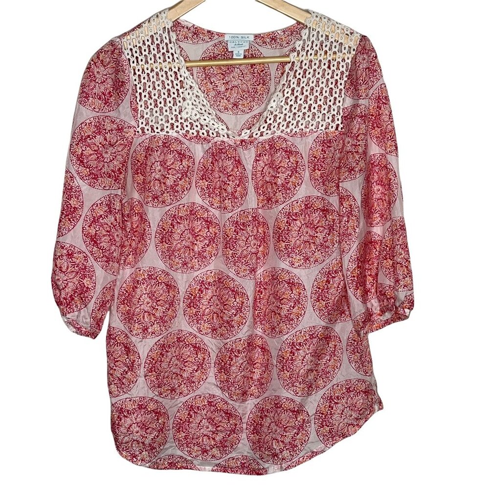Calypso St Barth Silk Blouse Small Pink Boho Puff Sleeve Top